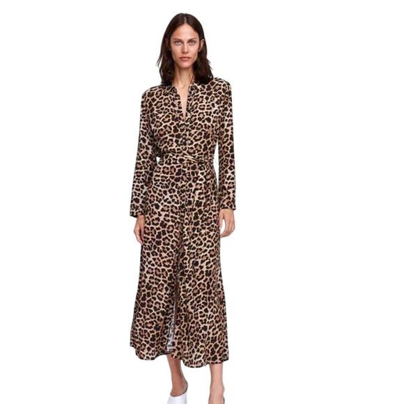 Zara Dresses & Skirts - Zara Animal Print Long Sleeve Button Front Belted Maxi Dress